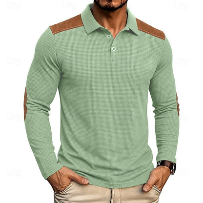 Kessoro men's textured colour-block long-sleeve polo shirt in blue, green, grey and burgundy tones, view 8