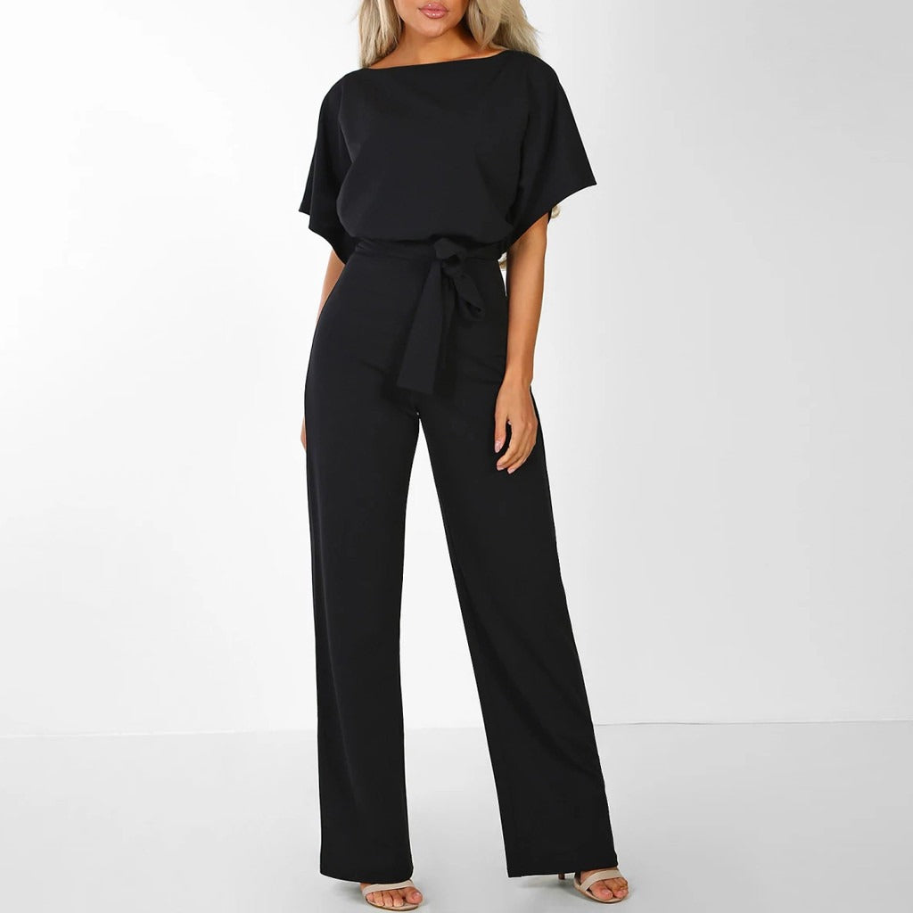 Women's wide-leg belted jumpsuit in beige, black, blue, pink and red — Kessoro, image 2 of 6