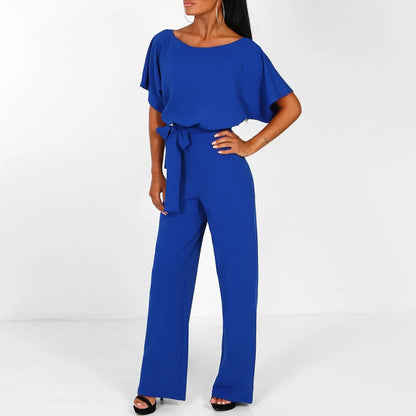 Women's wide-leg belted jumpsuit in beige, black, blue, pink and red — Kessoro, image 3 of 6