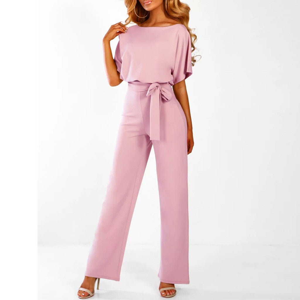 Women's wide-leg belted jumpsuit in beige, black, blue, pink and red — Kessoro, image 5 of 6