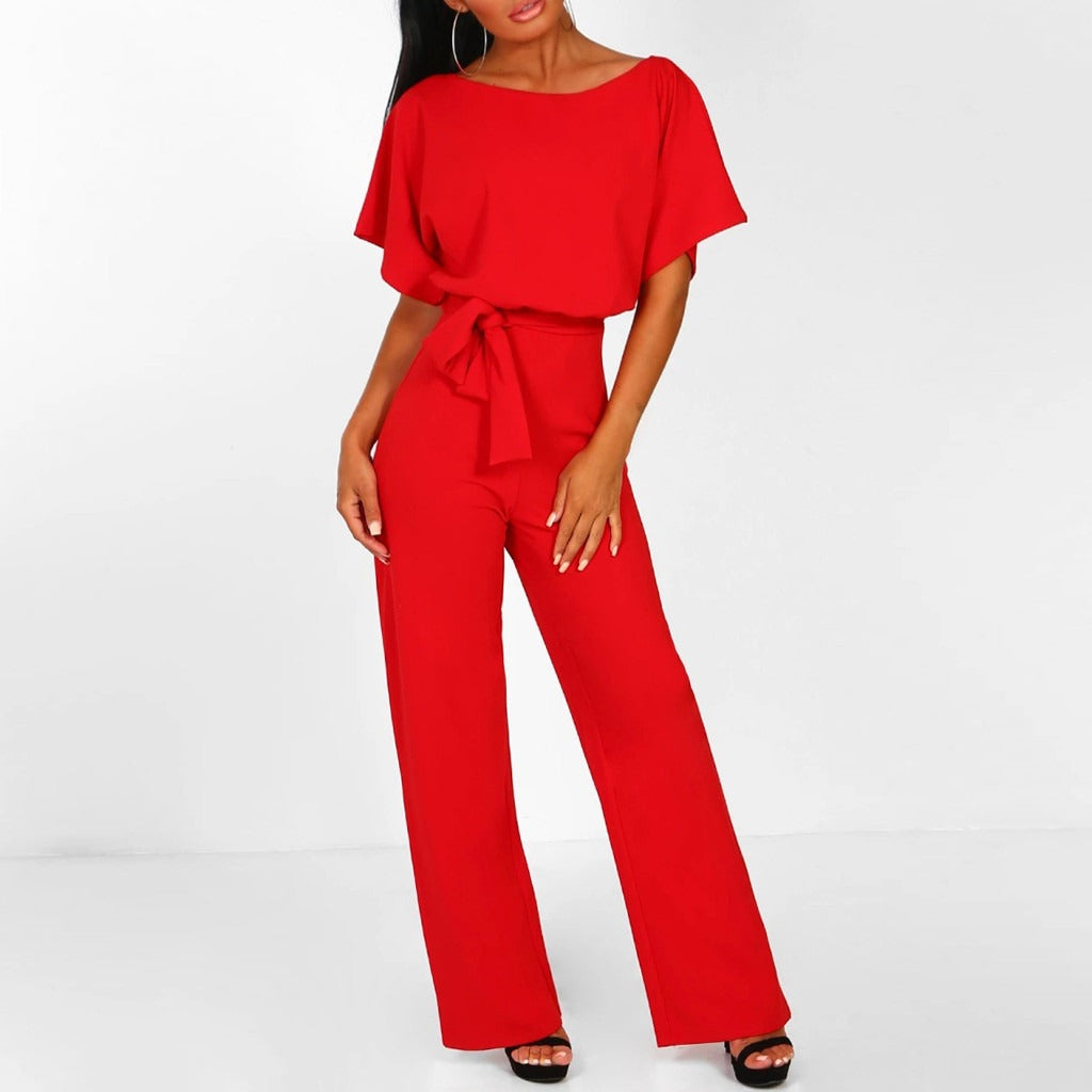 Women's wide-leg belted jumpsuit in beige, black, blue, pink and red — Kessoro, image 6 of 6
