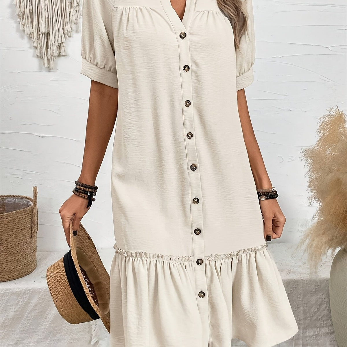 Women's button-front boho midi dress with pleated hem and rolled half sleeves