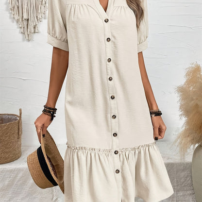 Women's button-front boho midi dress with pleated hem and rolled half sleeves