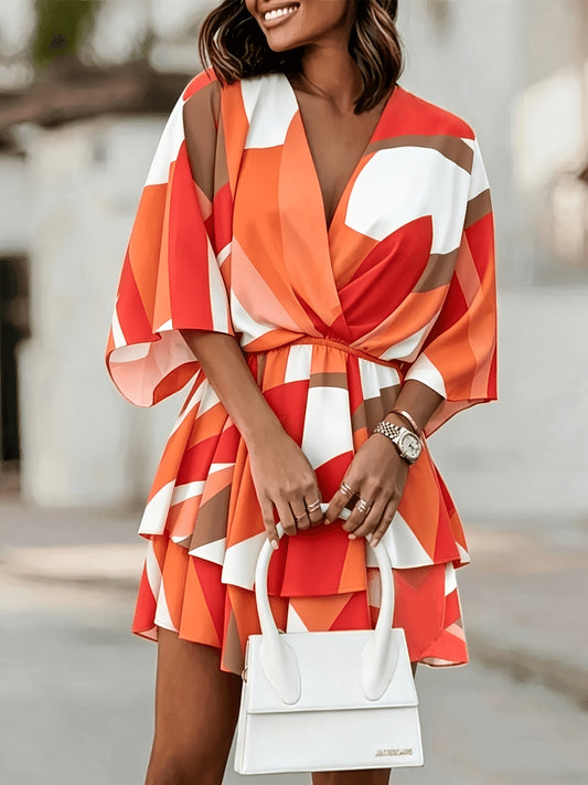 Kessoro women's batwing-sleeve tiered wrap dress shown in orange red and black colourways on a female model