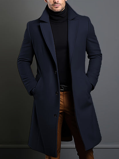 Kessoro men's tailored longline overcoat in brown or navy, view 9 of 13