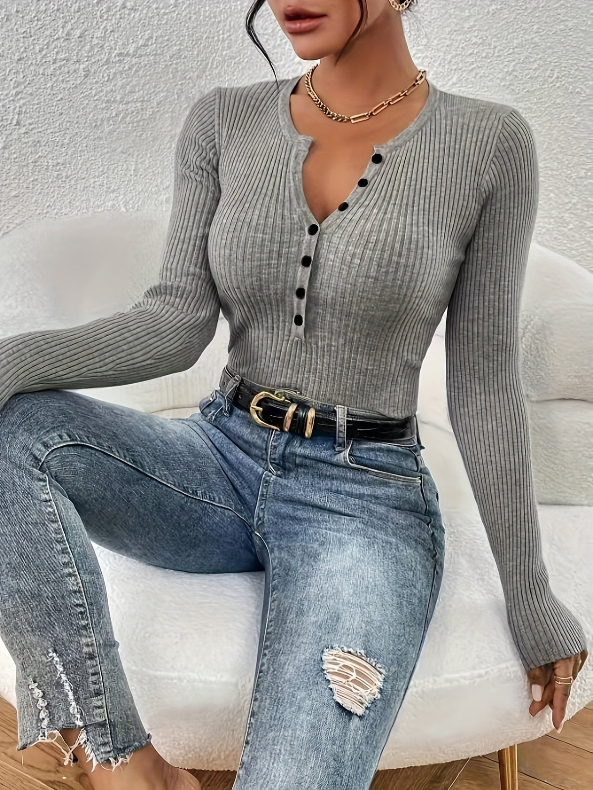 Kessoro women's grey ribbed half-button slim fit top - view 3 of 5