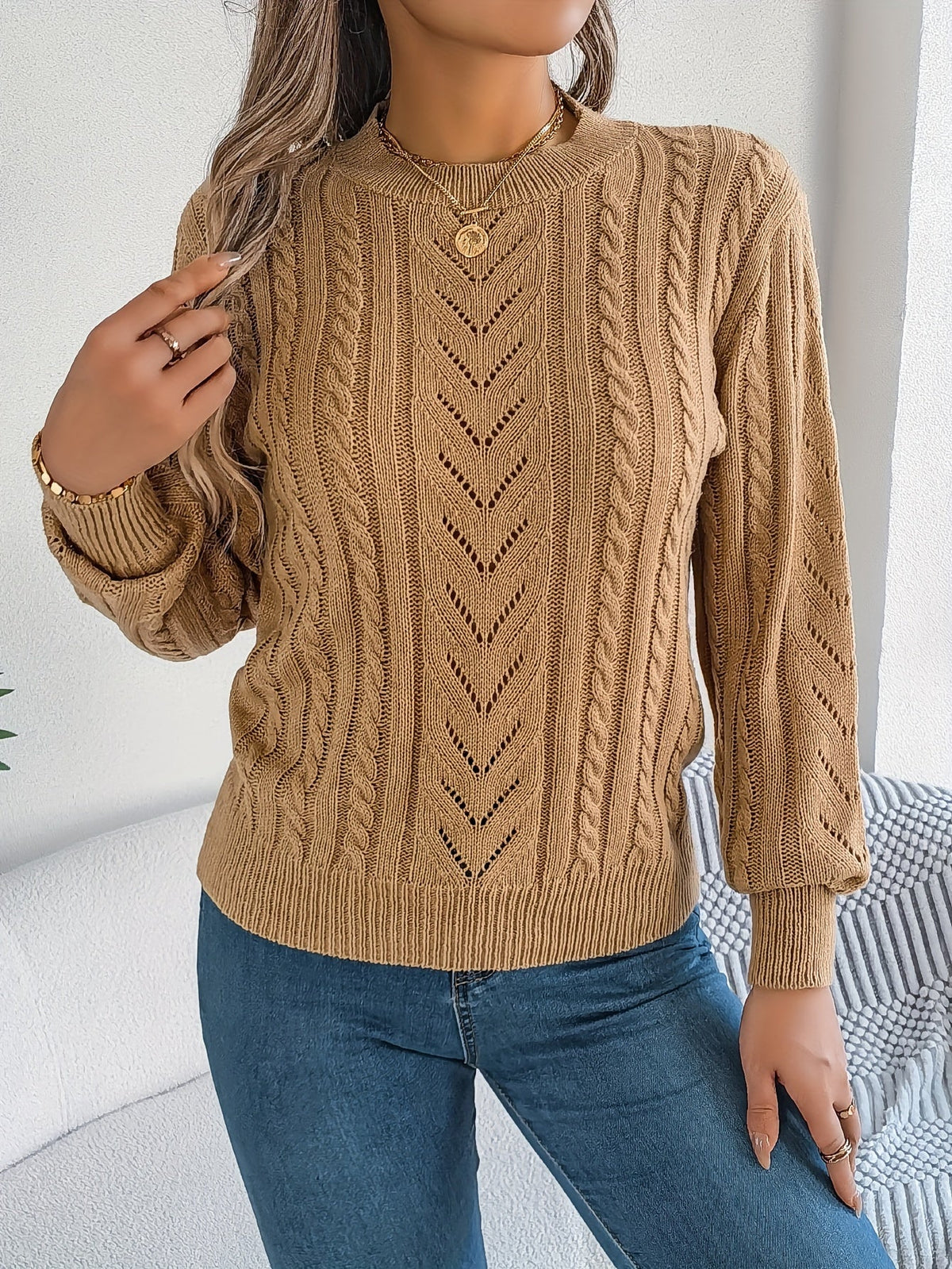 Kessoro Women's Cable-Knit Round Neck Sweater in khaki, grey and orange-red - women's apparel, view 2 of 21