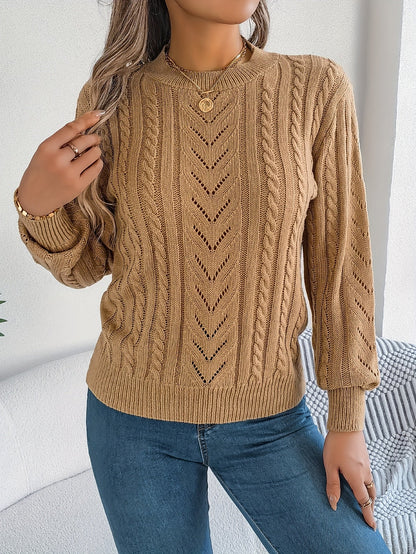 Kessoro Women's Cable-Knit Round Neck Sweater in khaki, grey and orange-red - women's apparel, view 2 of 21
