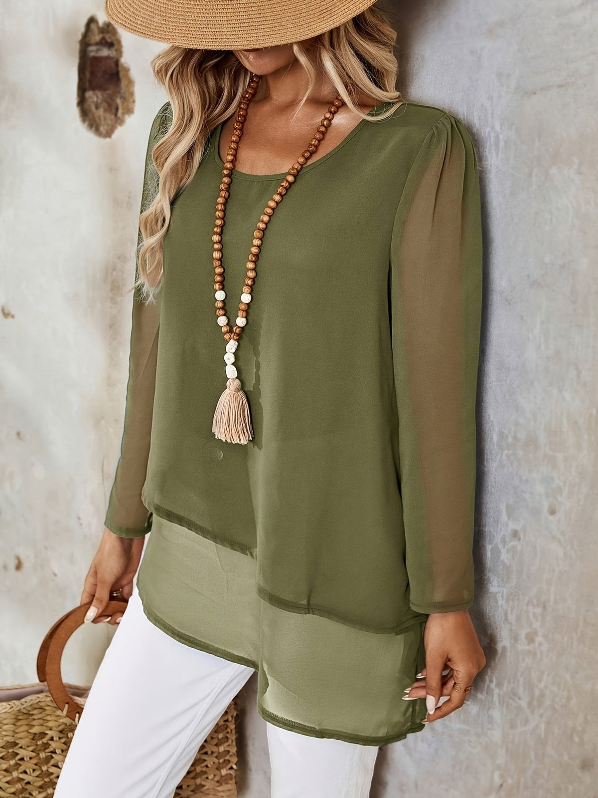 Kessoro women's layered sheer irregular-hem blouse in black and green - view 10 of 11