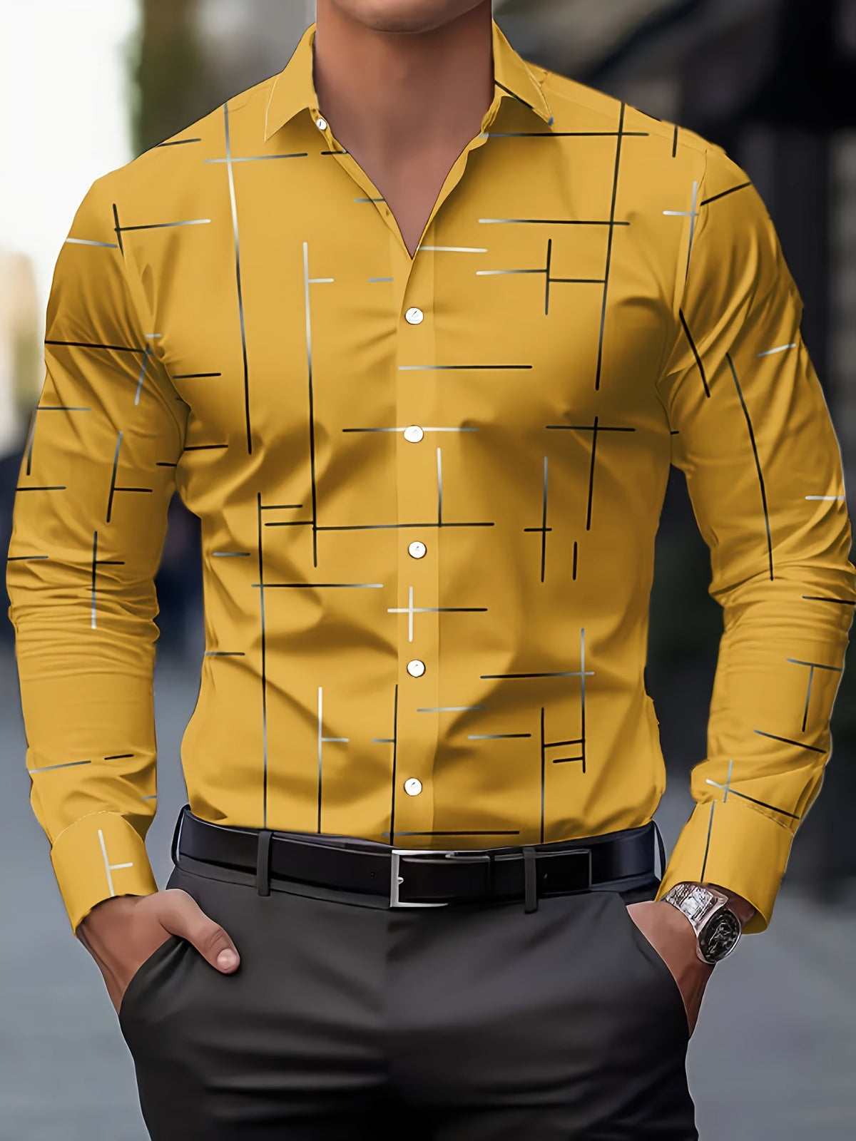 Men's line-print regular fit button-up shirt in navy, malachite green, orange yellow and pink, view 6