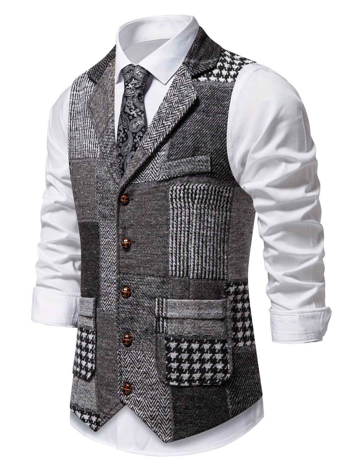 Kessoro Men's Patchwork Notch Lapel Tailored Waistcoat in grey, wine red, blue, navy and orange - men's apparel, view 4 of 31