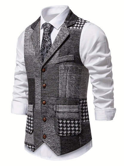 Kessoro Men's Patchwork Notch Lapel Tailored Waistcoat in grey, wine red, blue, navy and orange - men's apparel, view 4 of 31