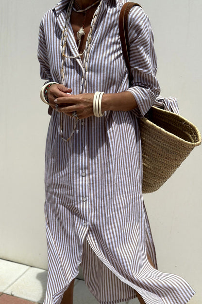 Women's striped V-neck shirt dress in pink, blue and khaki