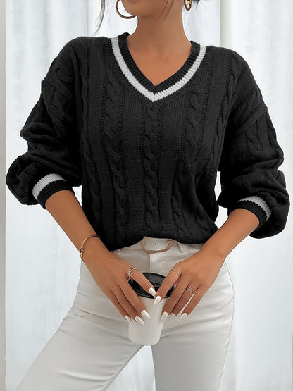 Kessoro women's cable-knit V-neck sweater in navy and black