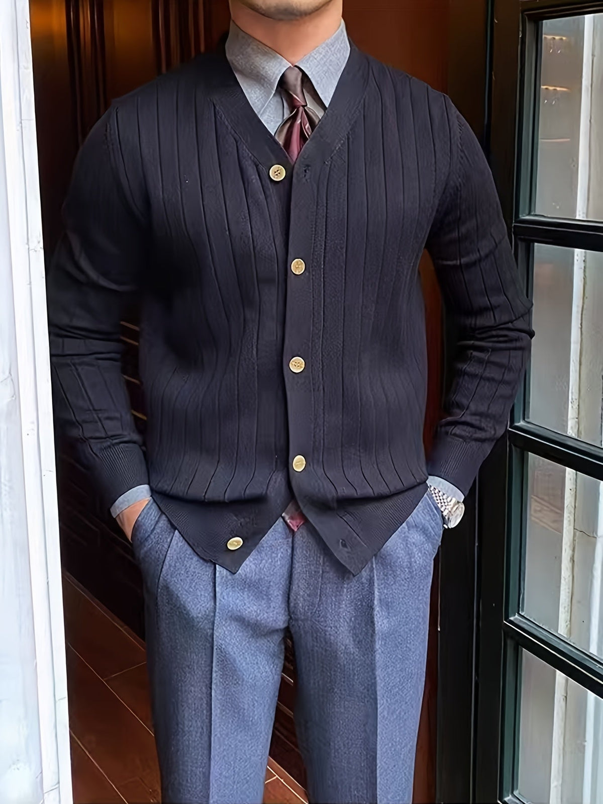 Kessoro Men's Classic Button-Up Knit Cardigan in white, sky blue and black - men's apparel, view 3 of 13