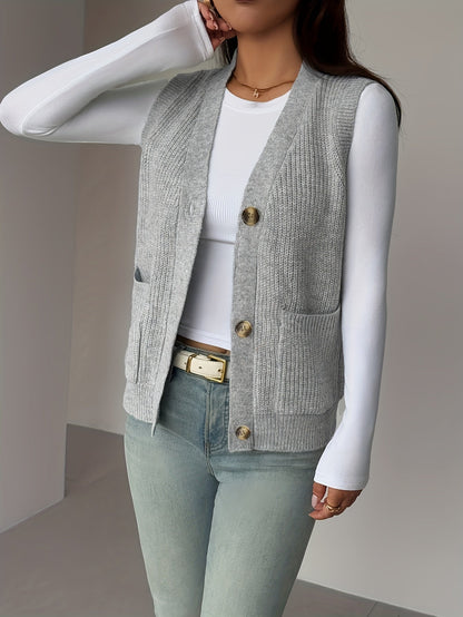 Kessoro women's buttoned V-neck knit vest with front pockets in soft neutral colourways