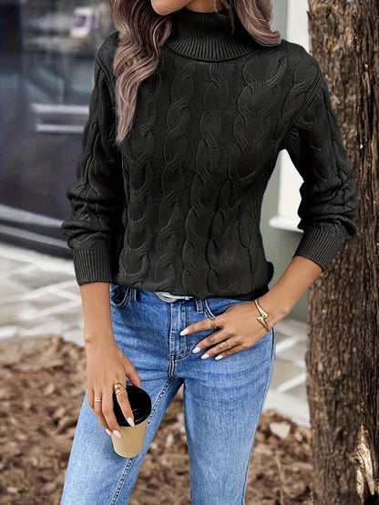 Kessoro women's cable-knit turtleneck sweater in red, black, grey, royal blue, violet, white and pink - product view 12