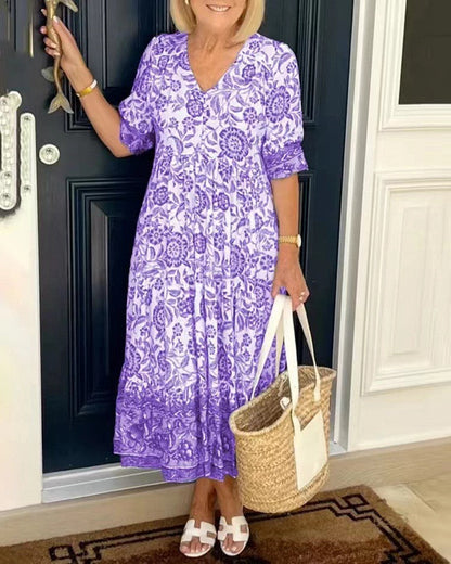 Women's V-neck floral maxi dress in blue, orange, pink, purple and sky blue