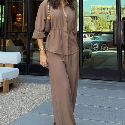 Women's relaxed lapel top and drawstring wide-leg pants set in coffee brown, burgundy, khaki and black, view 6
