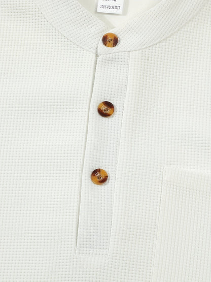 Men's textured long sleeve henley shirt in khaki, white, black, grey and burgundy, colour option 1 styled view