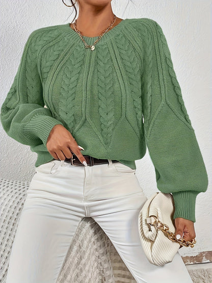 Kessoro women's relaxed cable-knit lantern-sleeve sweater in matcha, beige, burgundy, navy and camel