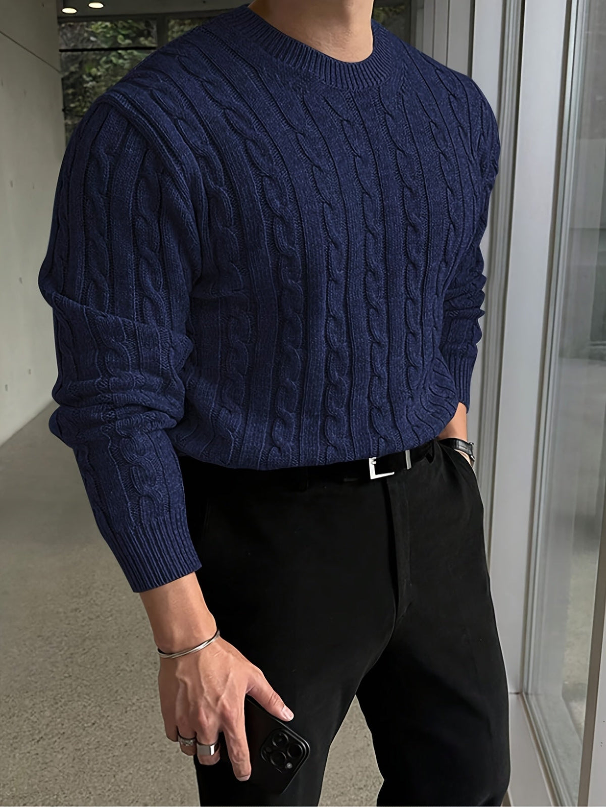 Kessoro Men's Twisted Cable-Knit Crewneck Sweater in navy and grey, image 4 of 12.
