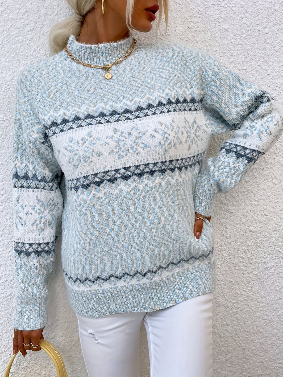 Kessoro women's snowflake mock-neck knit sweater in grey, pink or blue, view 21 of 23
