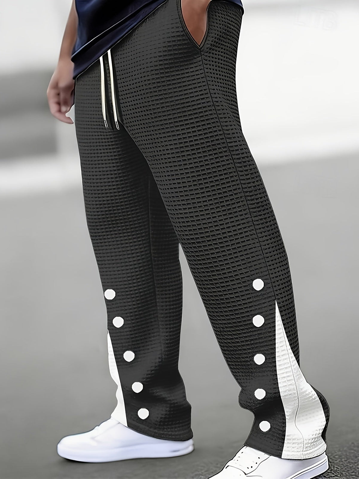 Kessoro men's waffle-texture snap-side drawstring pants in sky blue and black – view 7