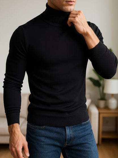 Men's refined ribbed roll-neck high-neck sweater in black, white, bronze and blue, full-length view
