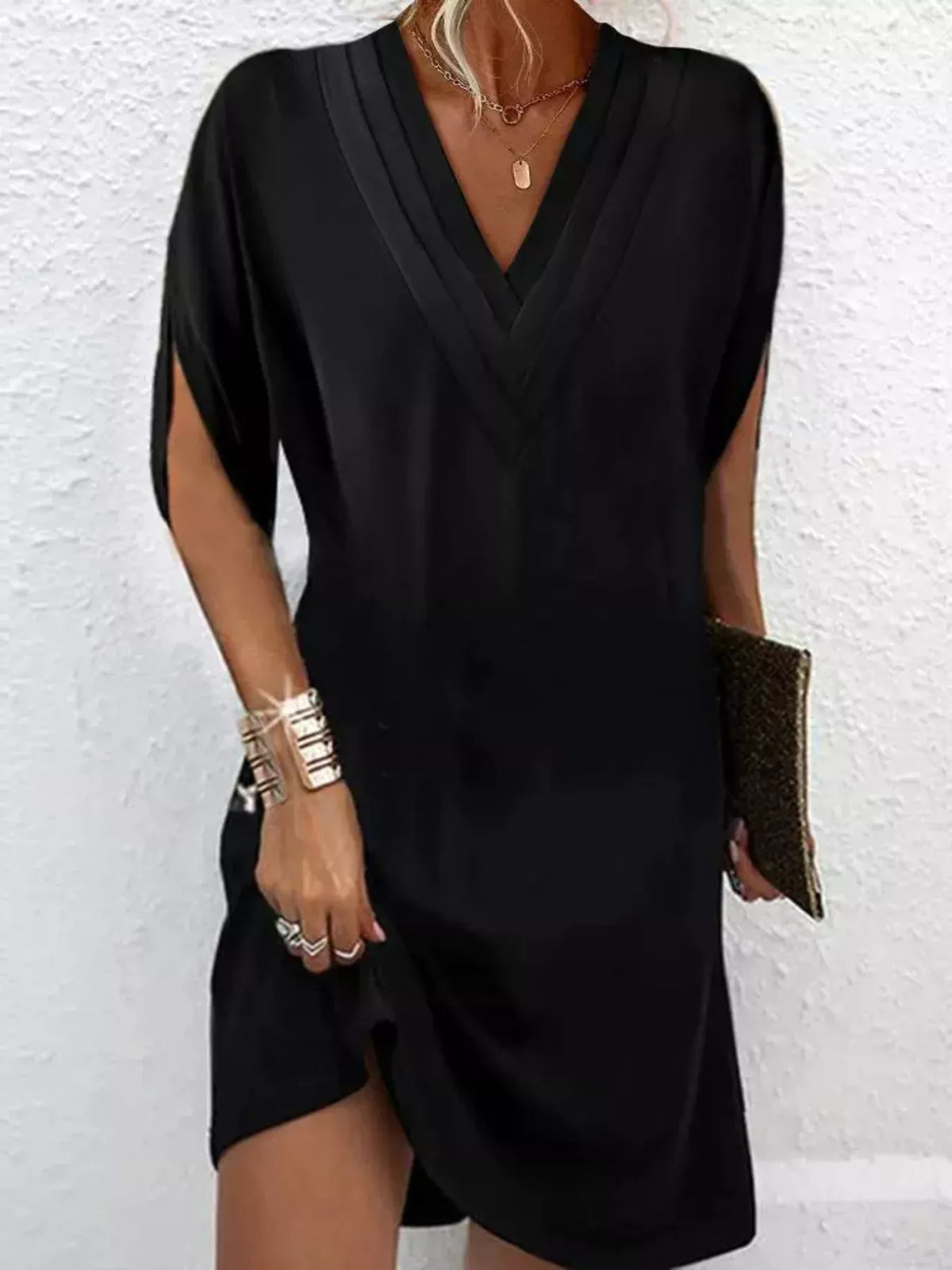 Women's V-neck mini dress with slit sleeves in army green, black, white, orange and pink