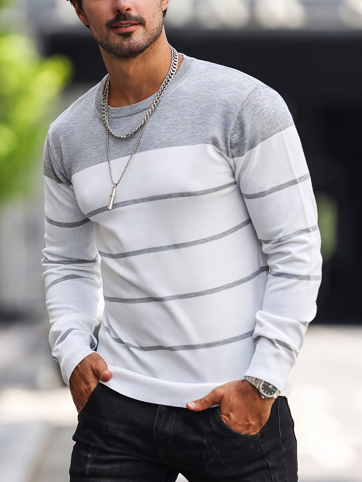 Kessoro Light Grey striped crew neck knit sweater for men