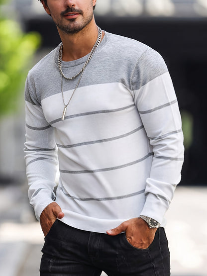 Kessoro Light Grey striped crew neck knit sweater for men