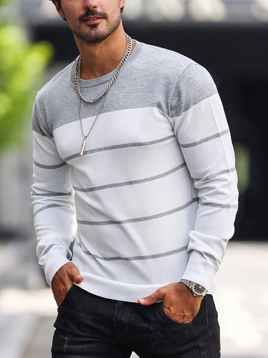 Kessoro Light Grey striped crew neck knit sweater for men