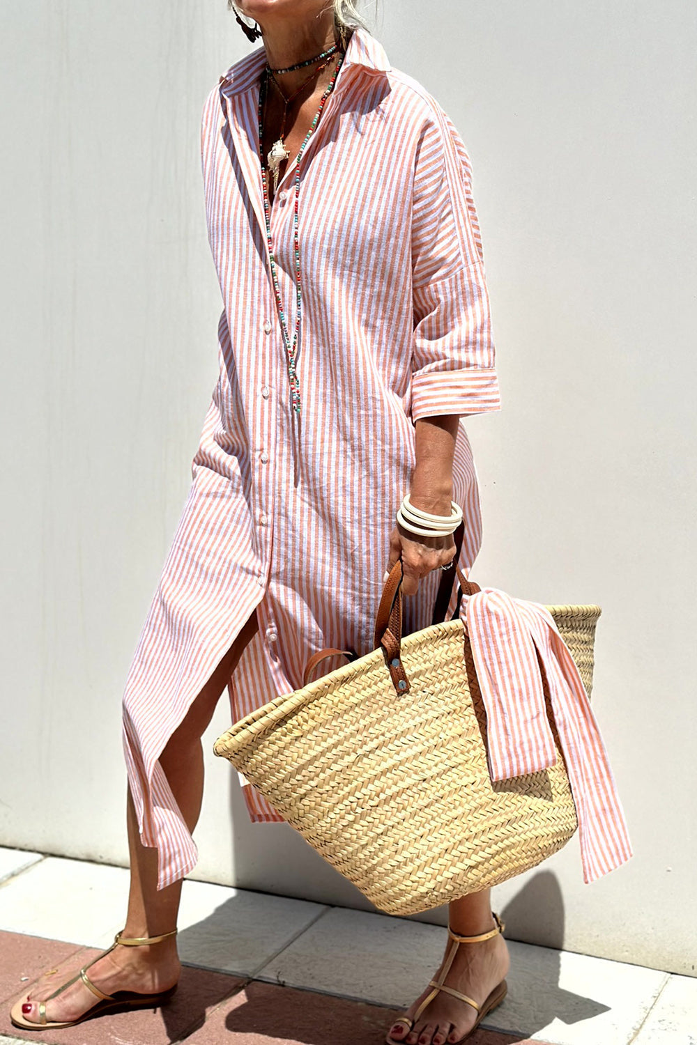 Women's striped V-neck shirt dress in pink, blue and khaki