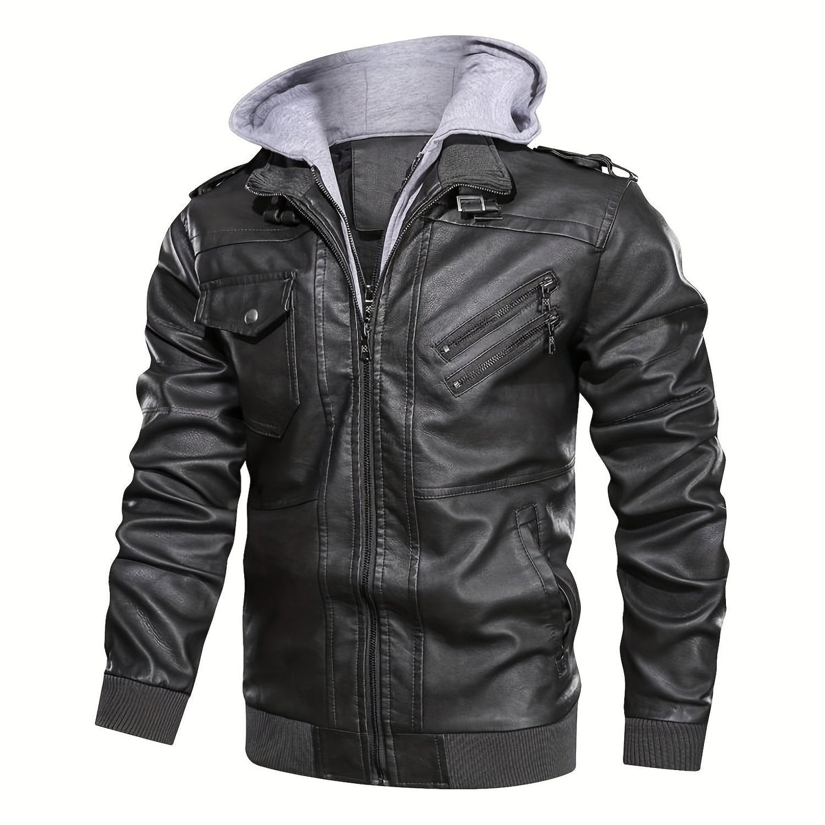 Kessoro men's hooded moto biker jacket in black, dark grey or coffee brown, view 11 of 30