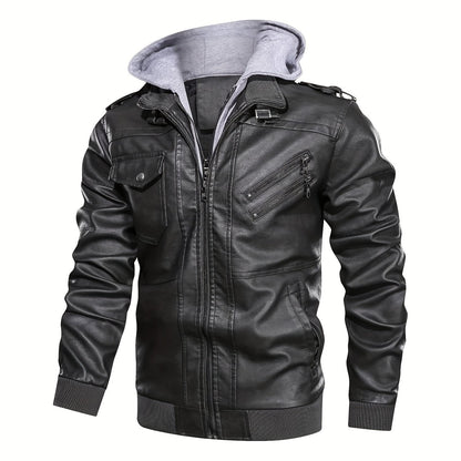Kessoro men's hooded moto biker jacket in black, dark grey or coffee brown, view 11 of 30