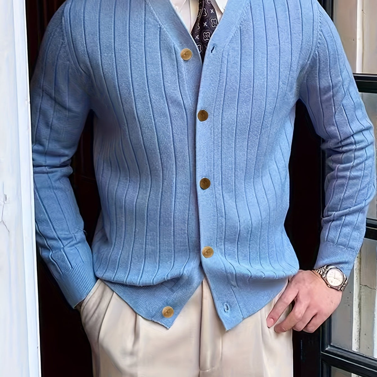 Kessoro Men's Ribbed Button-Up Knit Cardigan in white, sky blue and black, image 6 of 18.