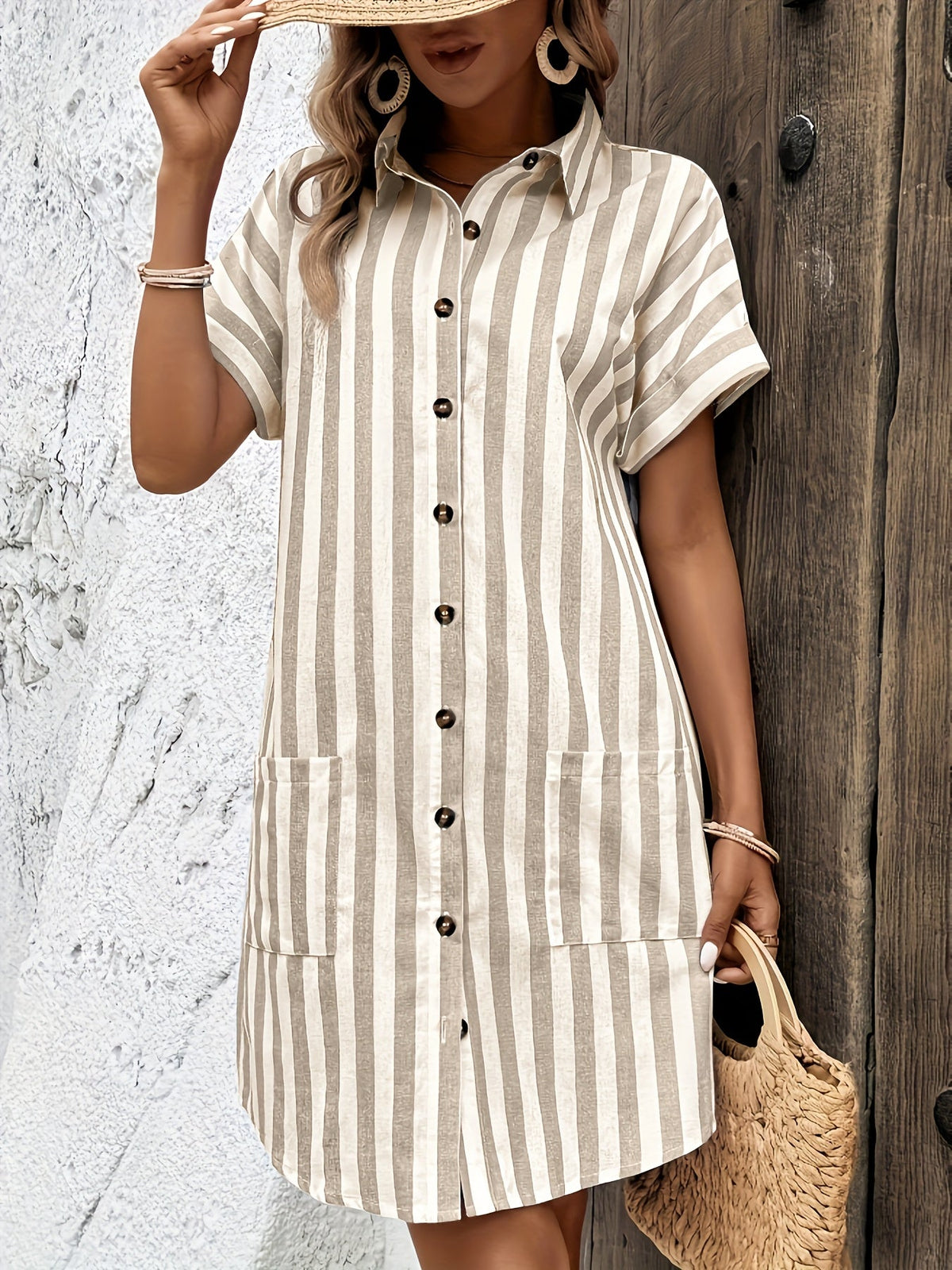 Kessoro women's belted striped short-sleeve shirt dress in apricot and sky blue