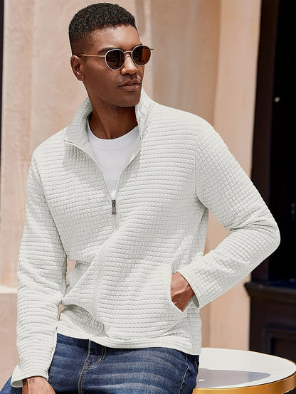 Kessoro Men's Textured Stand-Collar Full-Zip Jacket in white, khaki and black, image 4 of 18.