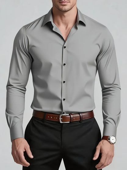 Men's tailored long-sleeve button-up shirt in sky blue, light grey and white, colour option 1 styled view