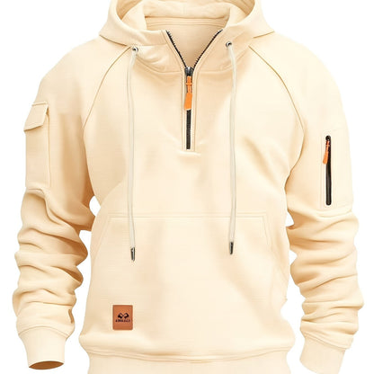 Men's utility quarter-zip hoodie in black, navy, khaki and burgundy with pocket detail, colour option 5 detail view
