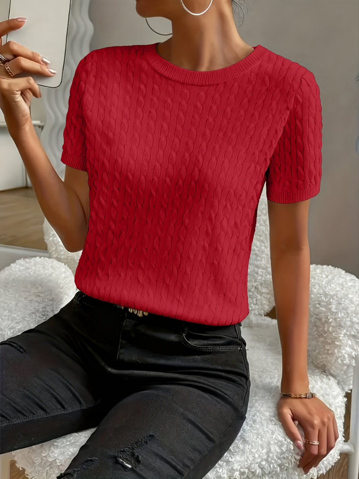 Kessoro women's textured round neck short sleeve top in white, black, navy and scarlet red - view 4 of 9
