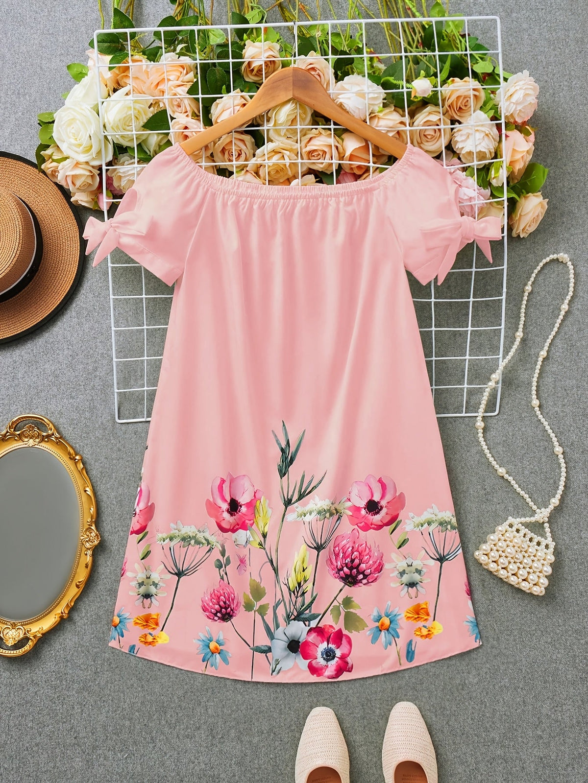 Kessoro women's floral off-shoulder bow-sleeve dress shown in white, black and pink colourways on a female model