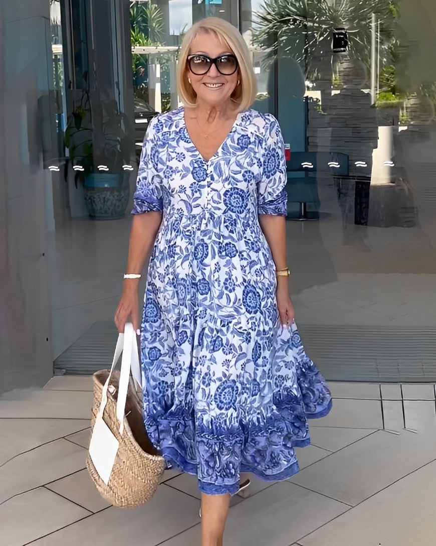 Women's V-neck floral maxi dress in blue, orange, pink, purple and sky blue
