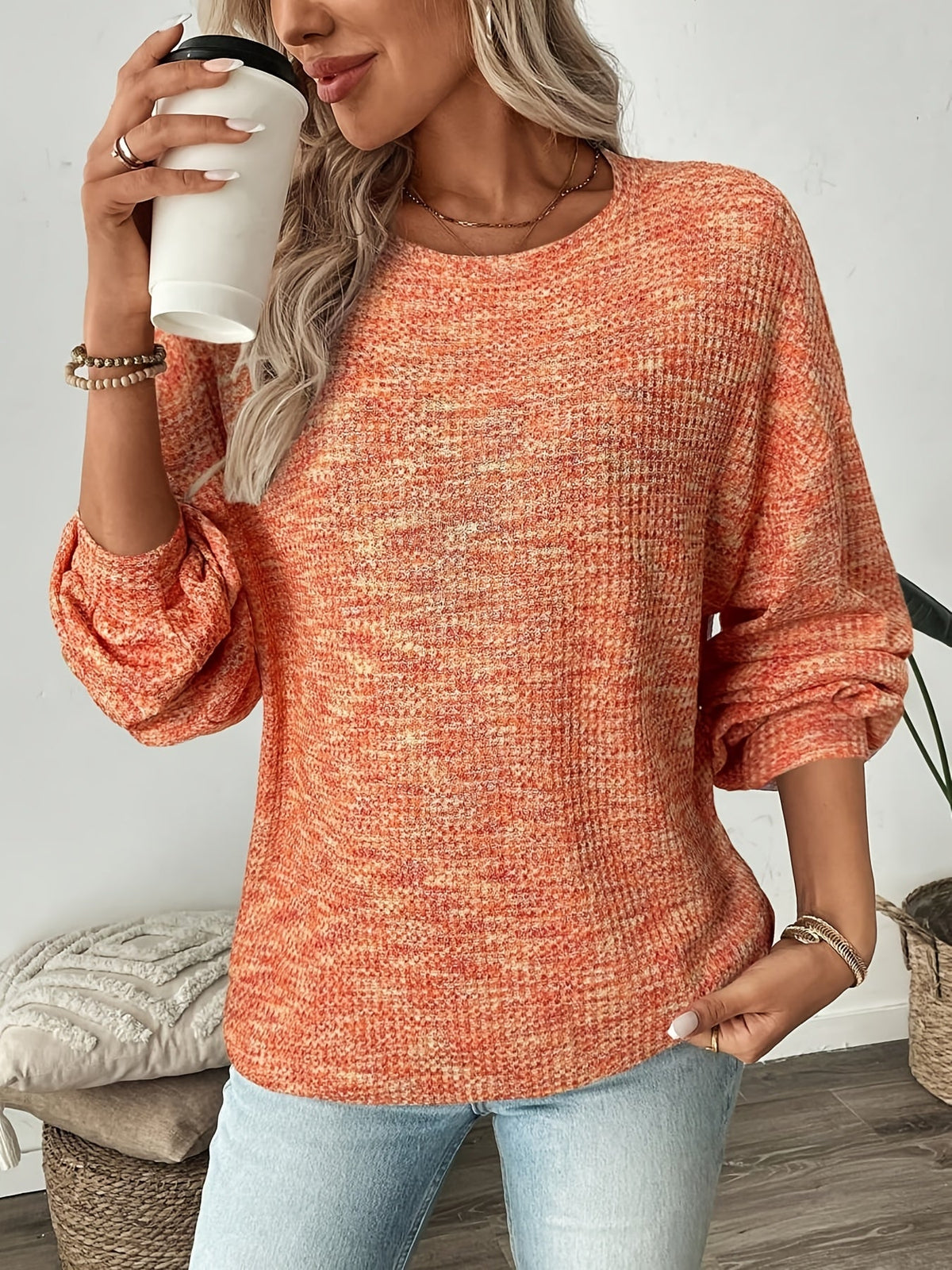 Kessoro women's relaxed waffle-knit pullover sweater in a warm orange-red colourway