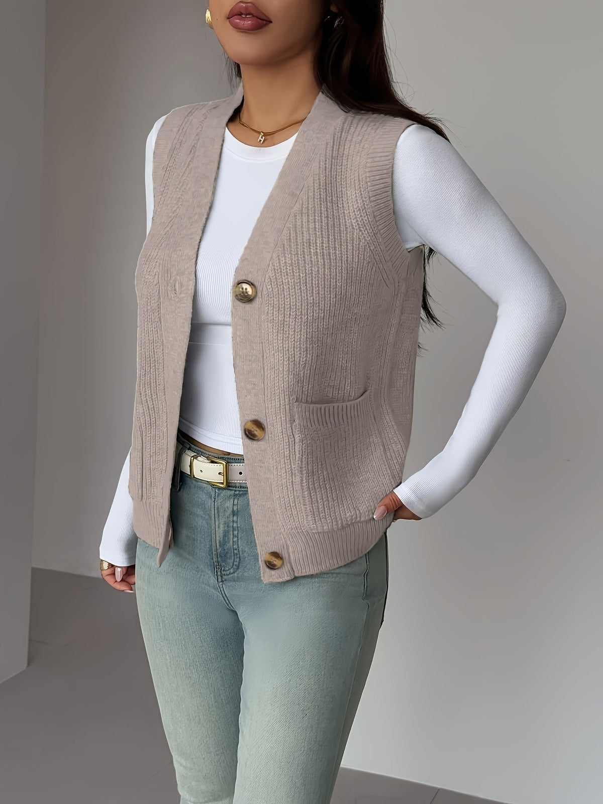 Kessoro women's buttoned V-neck knit vest with front pockets in soft neutral colourways