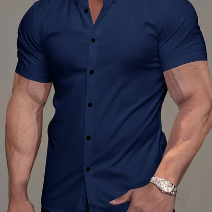 Kessoro men's refined short-sleeve button-up shirt shown in eleven colourways including white, black, navy and army green on a male model