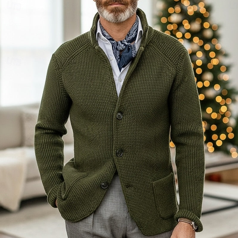Kessoro men's waffle-knit stand-collar button cardigan in blue, navy or red brown