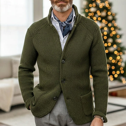Kessoro men's waffle-knit stand-collar button cardigan in blue, navy or red brown