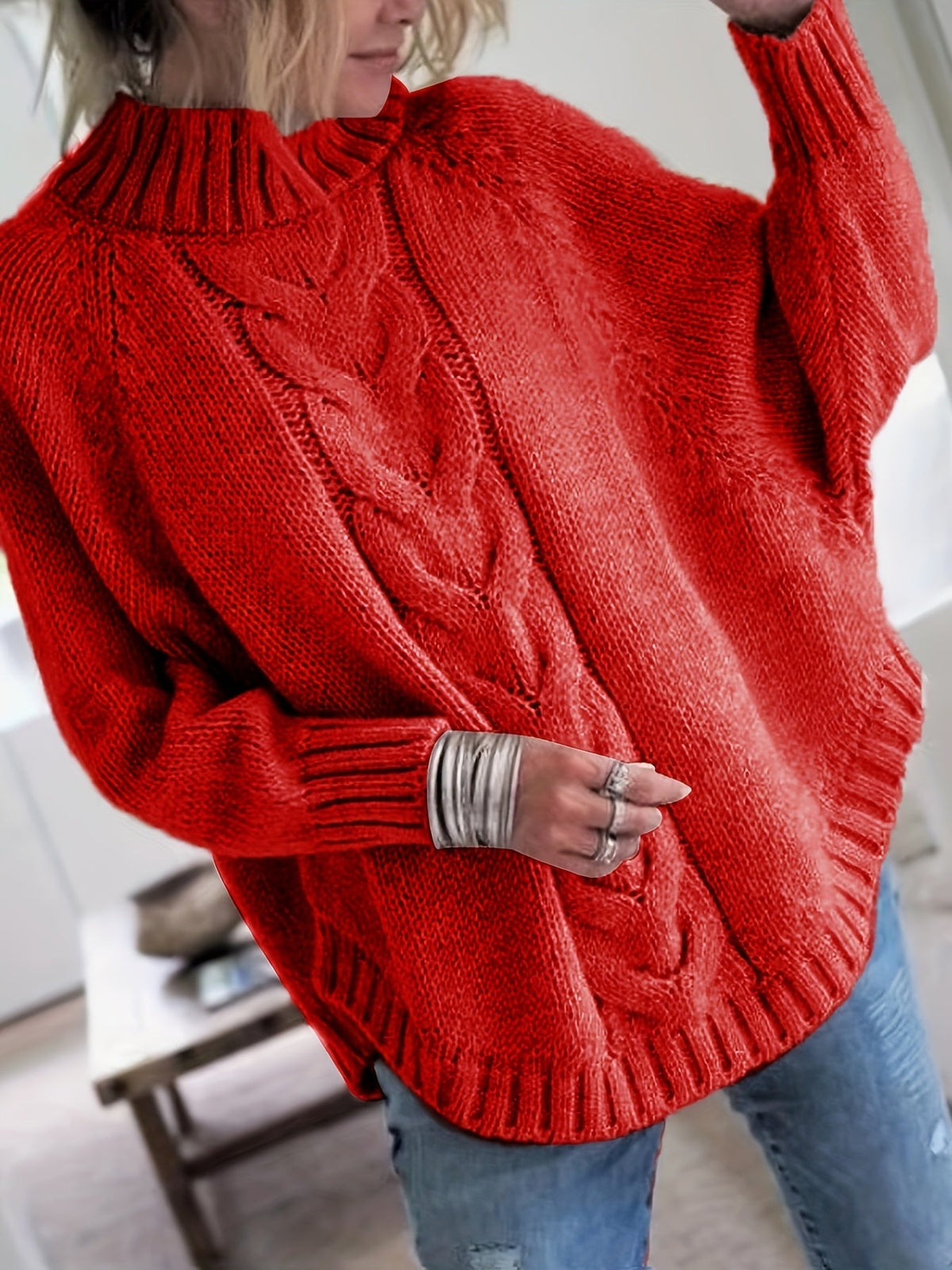Women's cable-knit high-neck chunky sweater in a soft grey, pink and red colour family (view 10)